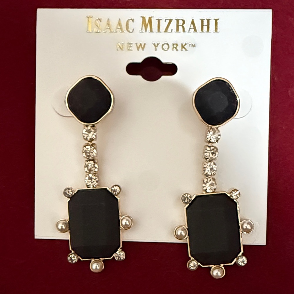 Isaac Mizrahi New Black and Gold Embellished Dangle Earrings